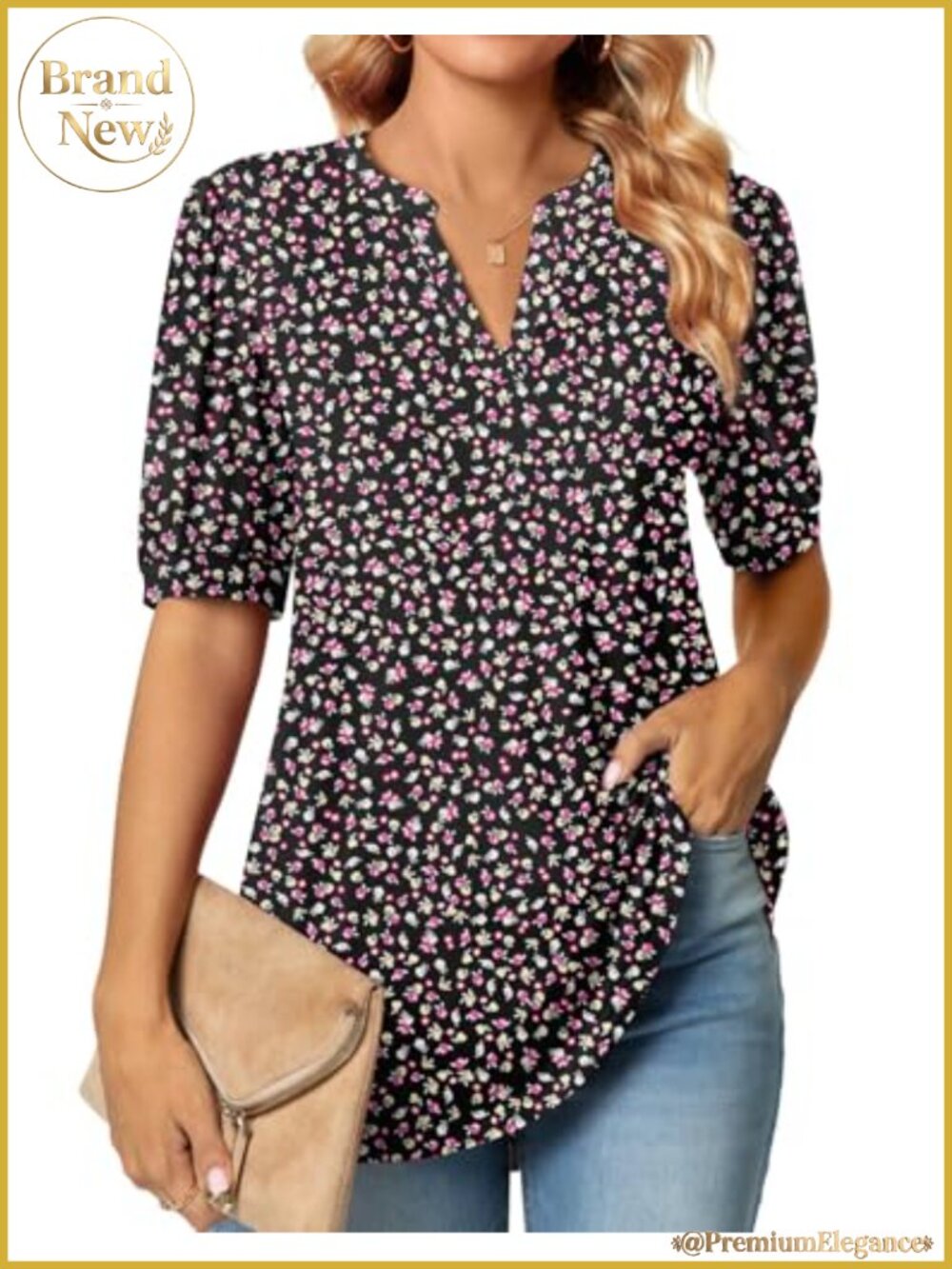 Women's V-Neck Puff Sleeve Tunic Top, Work Blouse with Floral Pattern, Summer